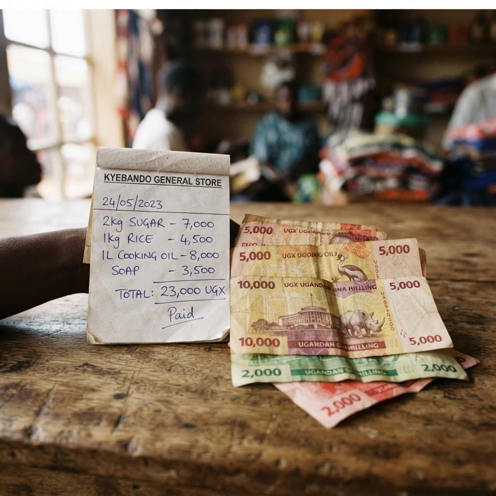 A handwritten shop receipt for sugar, rice, cooking oil and soap totalling 23,000 shillings, marked paid, beside the banknotes used